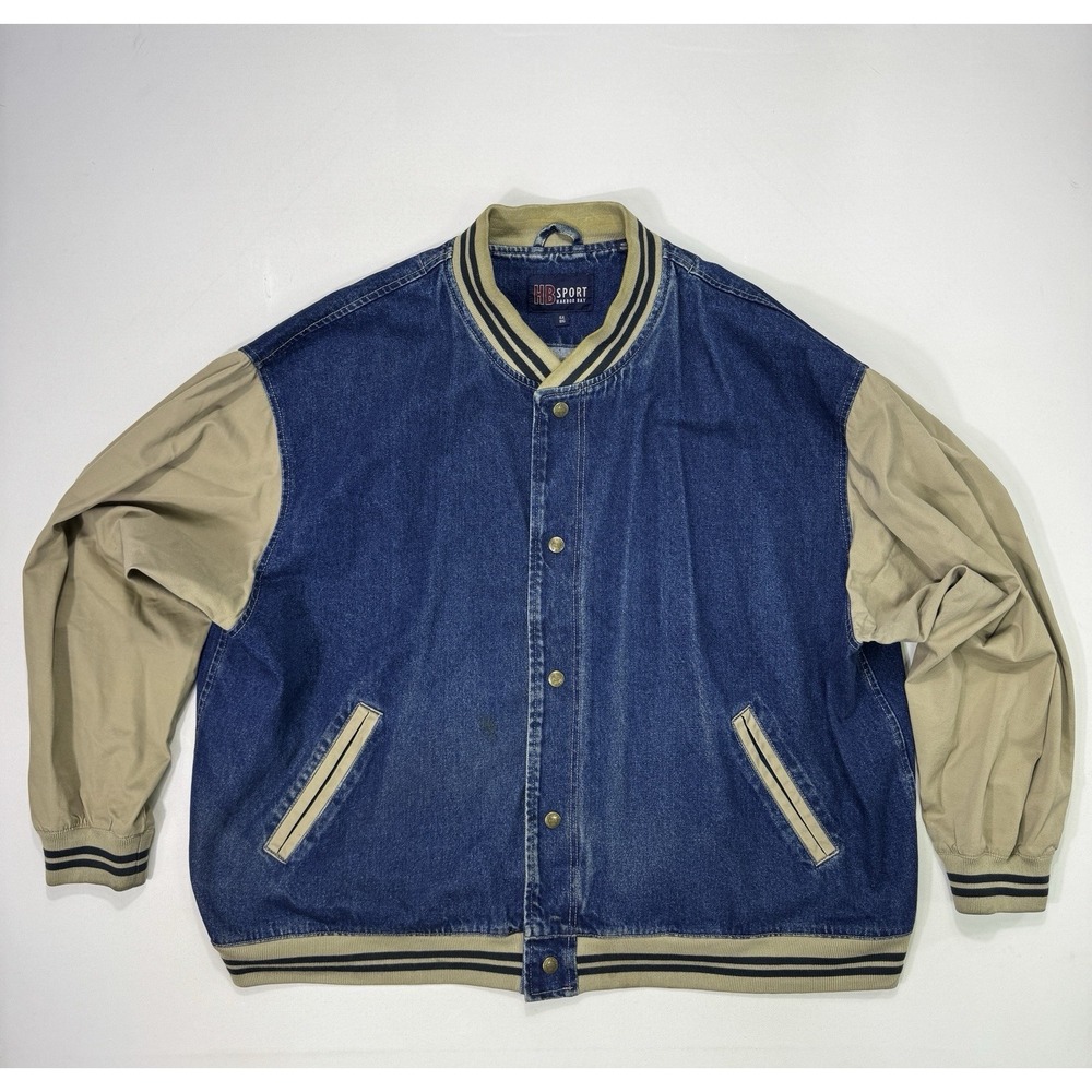 Vintage Harbor Bay Sport Mens 4XB Denim Varsity Bomber Jacket Blue Khaki